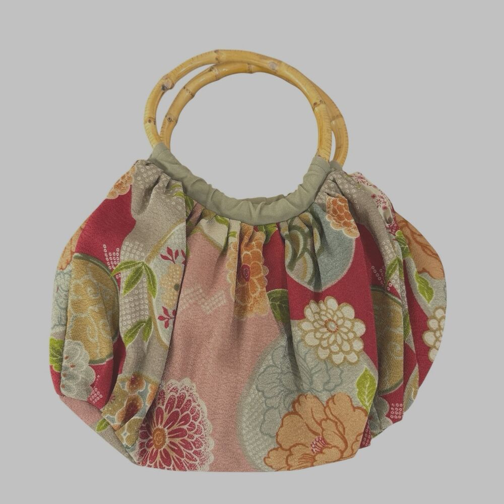 J Jill Floral Cloth Asian Boho Handbag Purse Bamboo Handles Patchwork READ